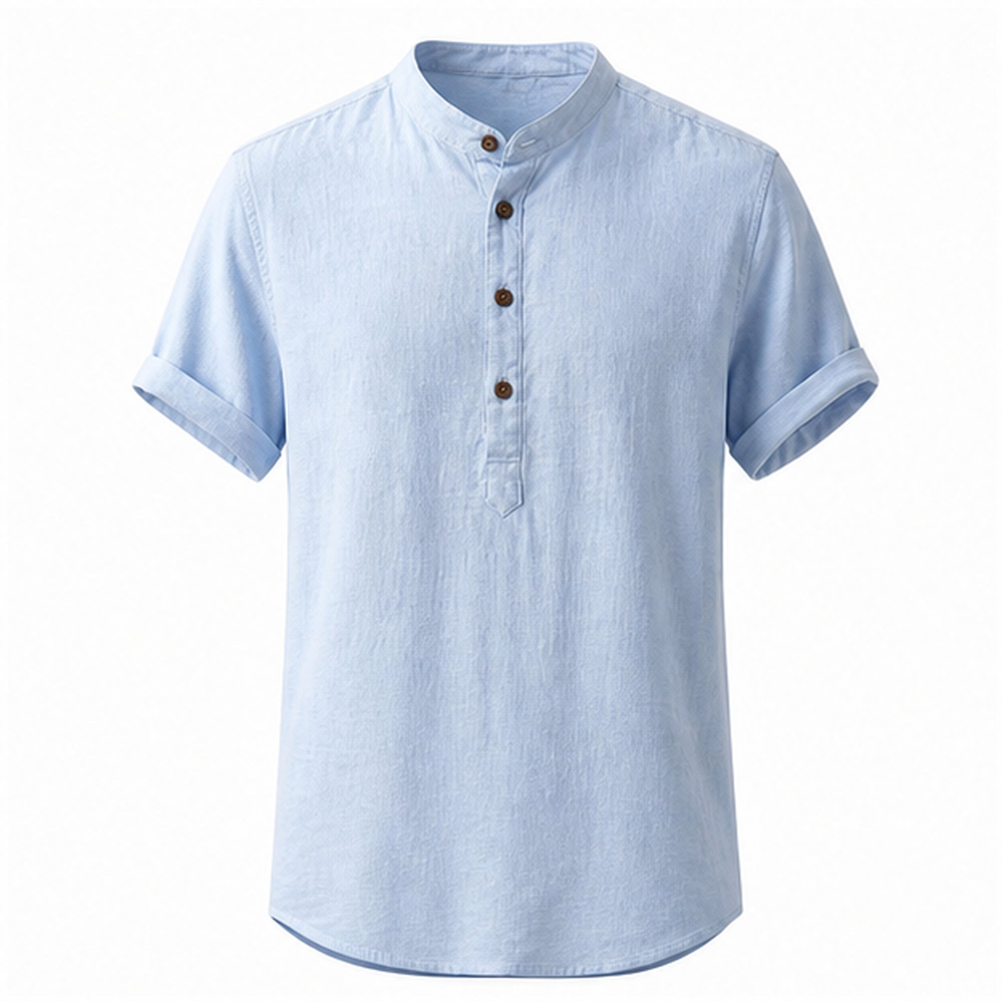 Belrino light blue linen Henley shirt on invisible mannequin, front studio view