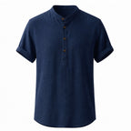 Belrino dark navy linen Henley shirt on invisible mannequin, front studio view