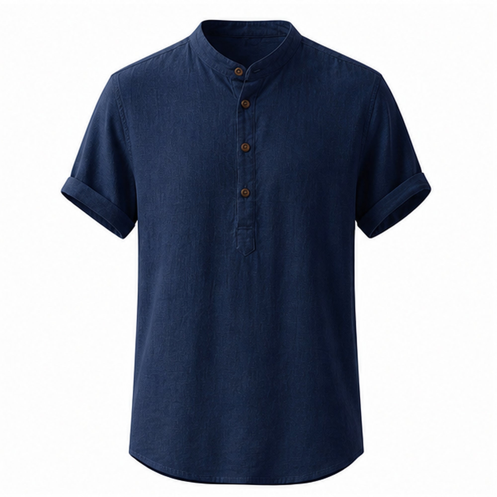 Belrino dark navy linen Henley shirt on invisible mannequin, front studio view