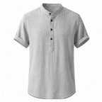 Belrino soft grey linen Henley shirt on invisible mannequin, front studio view