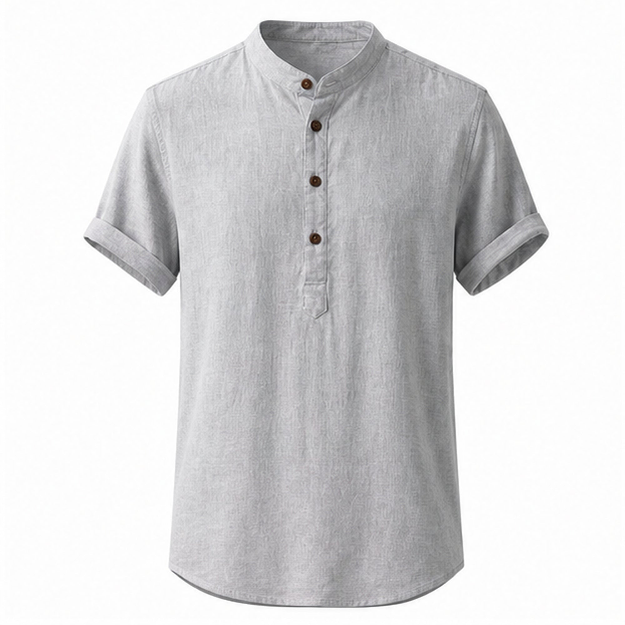 Belrino soft grey linen Henley shirt on invisible mannequin, front studio view