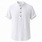 Belrino white linen Henley shirt on invisible mannequin, front studio view