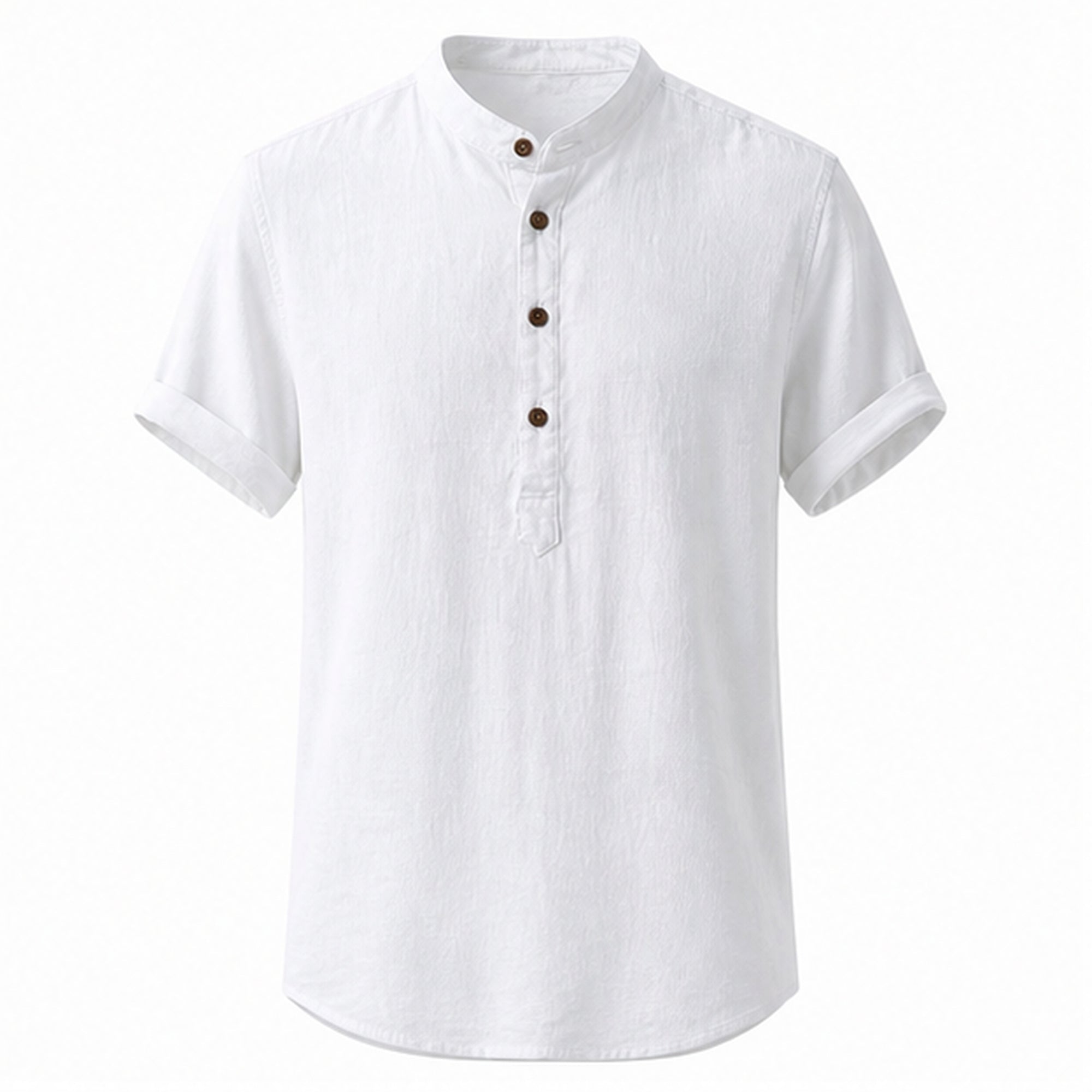 Belrino white linen Henley shirt on invisible mannequin, front studio view