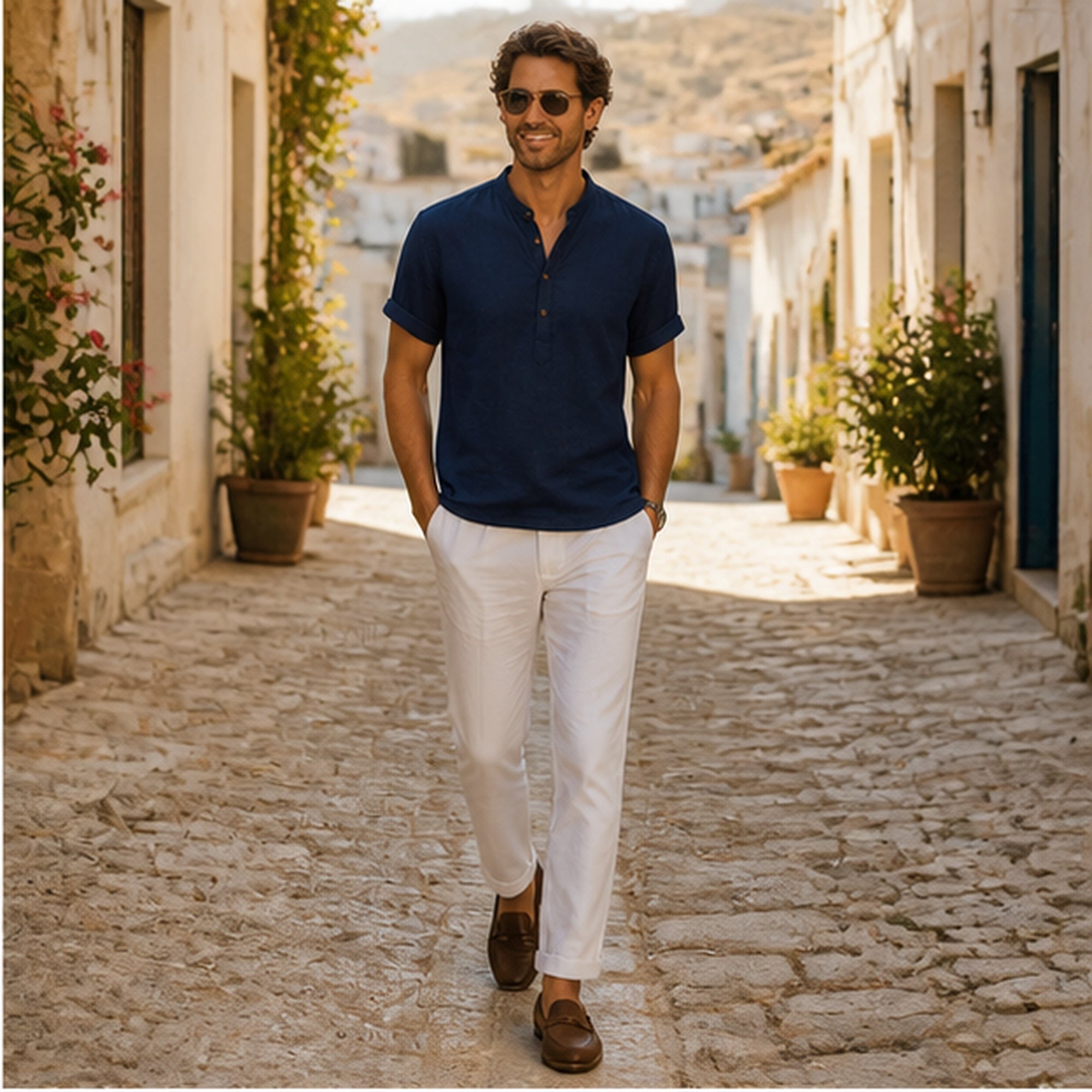Man wearing navy Belrino linen Henley shirt in coastal village