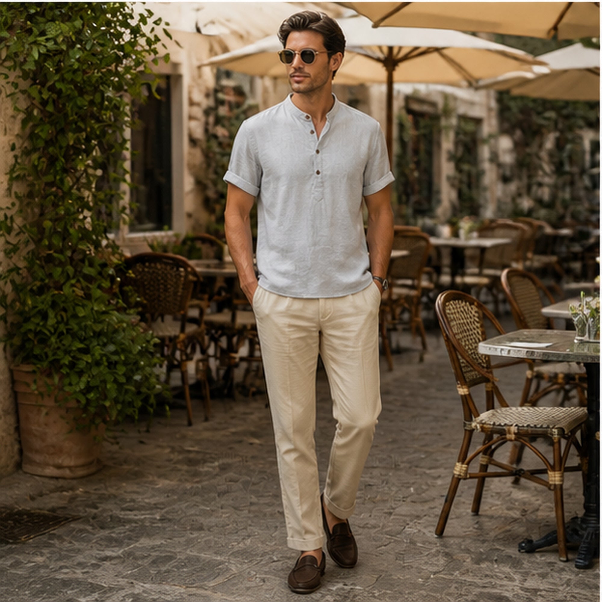 Man wearing grey Belrino linen Henley shirt at European cafe