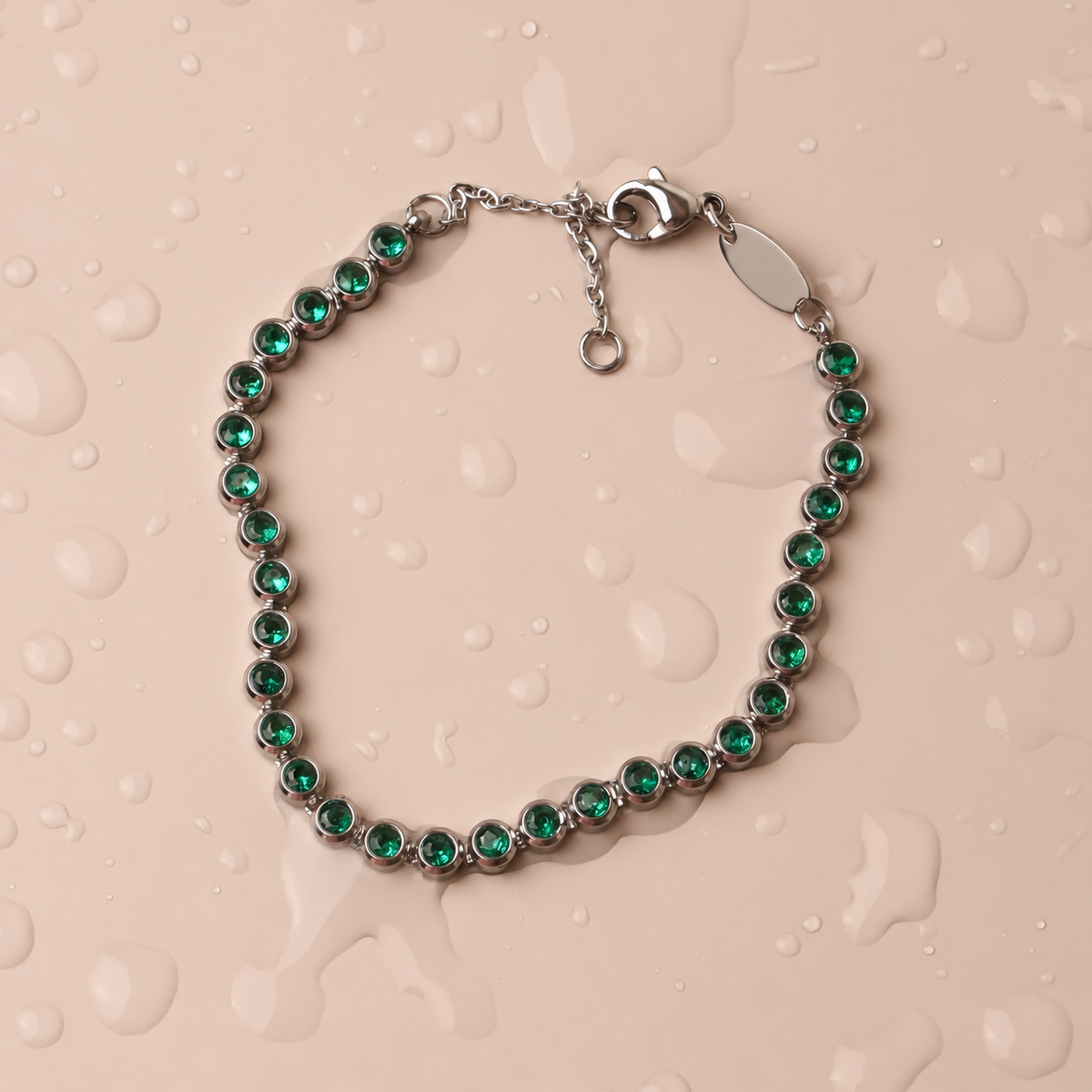 green bezel set tennis bracelet adjustable steel chain