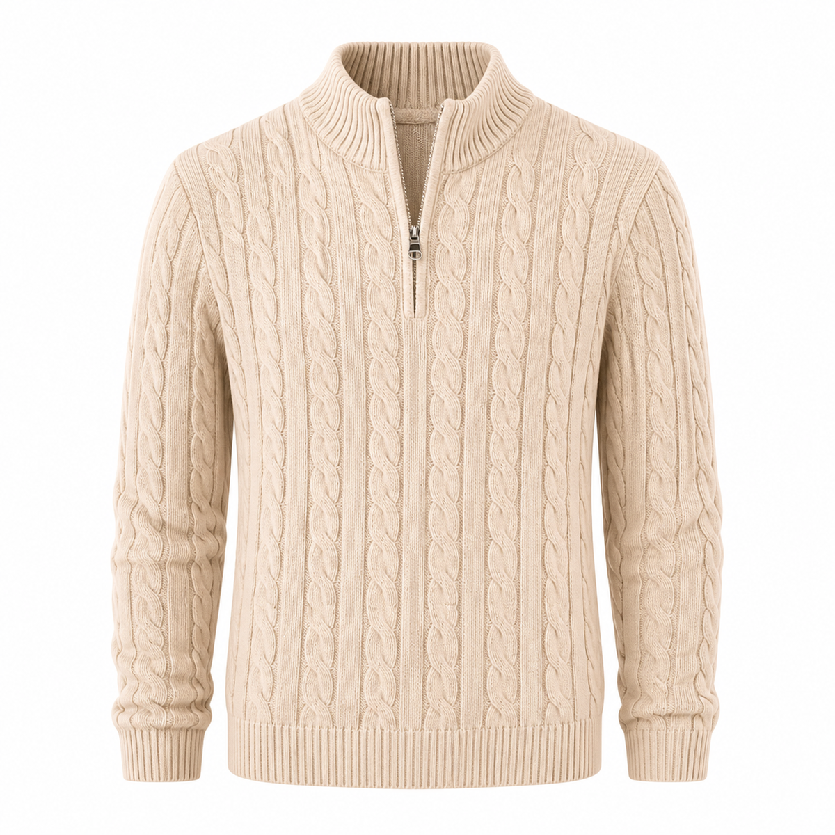 Avenor beige cable-knit half-zip sweater, ghost mannequin front