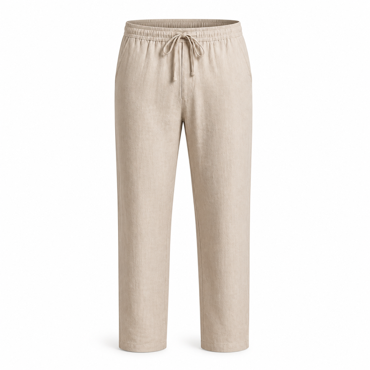 Bruce & Co men's light khaki cotton-linen drawstring trousers — ghost mannequin front view