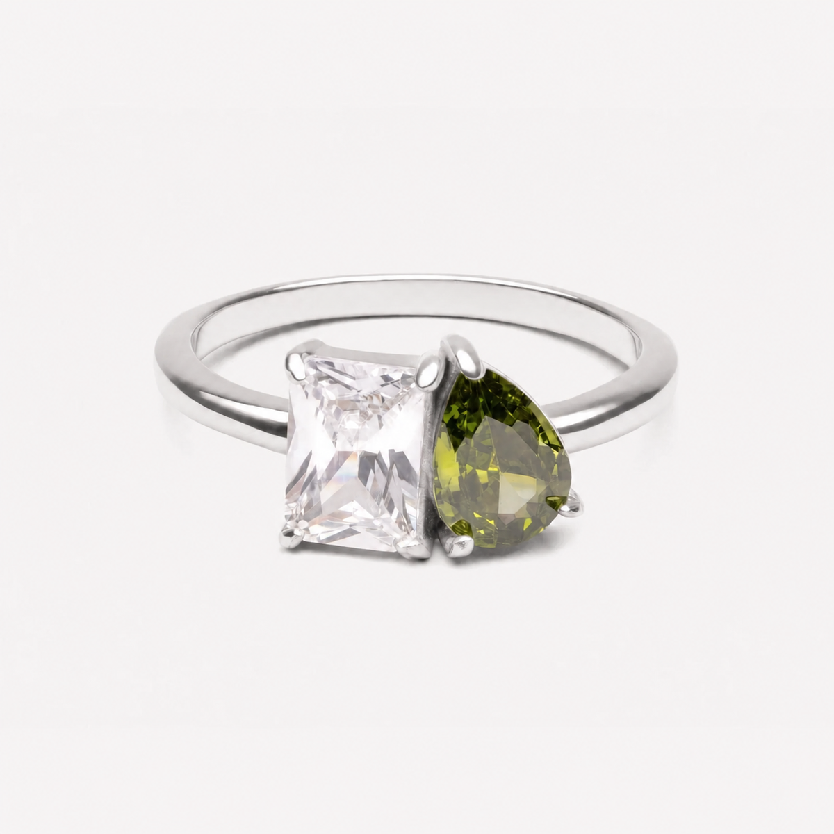 Silver ring with green and clear stones