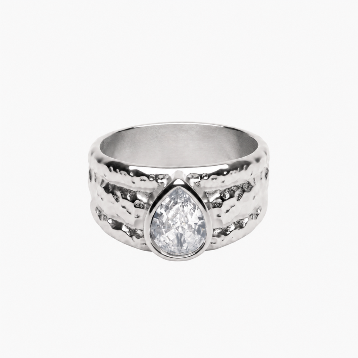hammered pear zircon ring steel odyssey