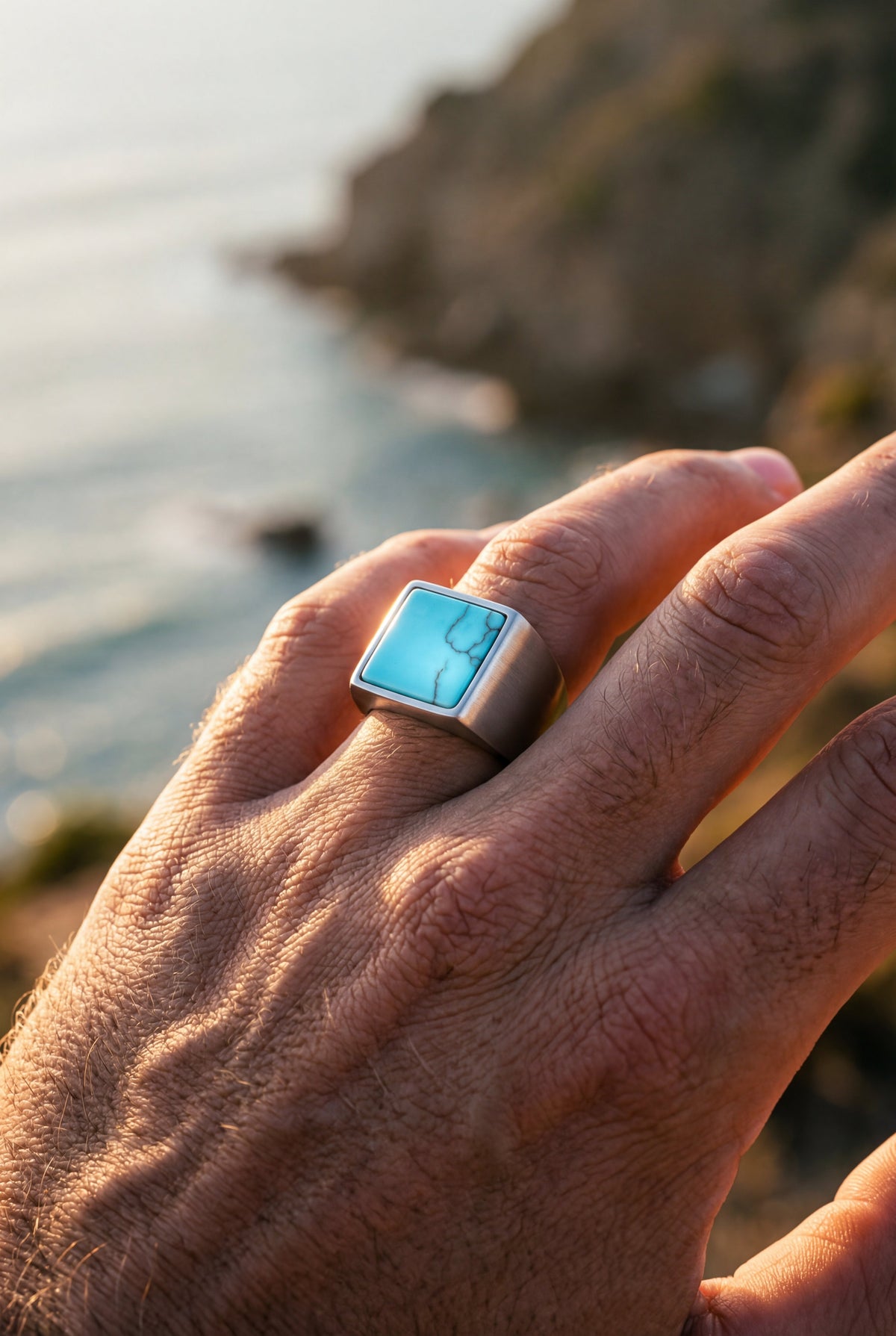 Bruce & Co Calanque – Men’s Blue Howlite Square Signet Ring, Stainless Steel