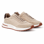 Bruce & Co Caldris beige panelled sneakers, main three-quarter view on pure white