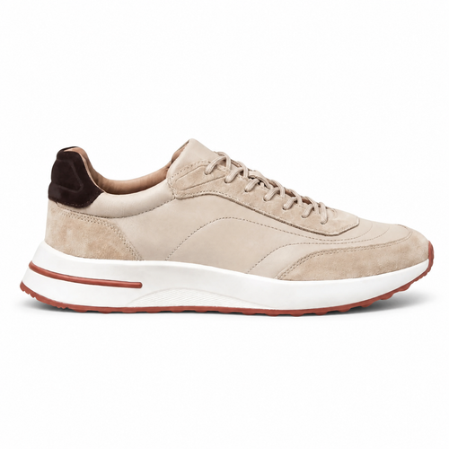 Bruce & Co Caldris beige panelled sneaker, side view on pure white