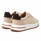 Bruce & Co Caldris beige panelled sneakers, rear view on pure white