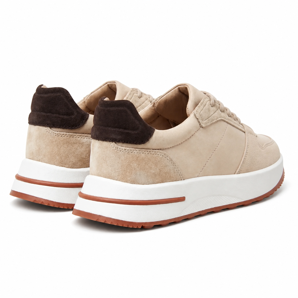 Bruce & Co Caldris beige panelled sneakers, rear view on pure white
