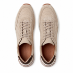Bruce & Co Caldris beige panelled sneakers, top view on pure white