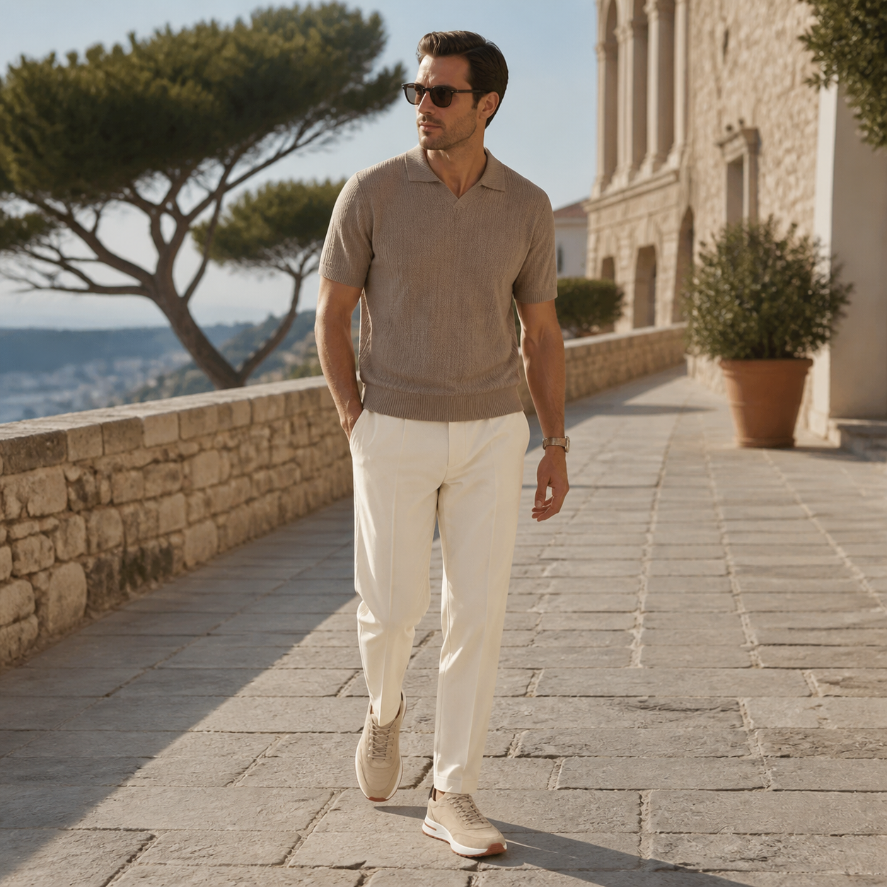 Bruce & Co Caldris beige sneakers on a Mediterranean promenade