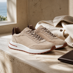 Bruce & Co Caldris beige sneakers in a luxury still life