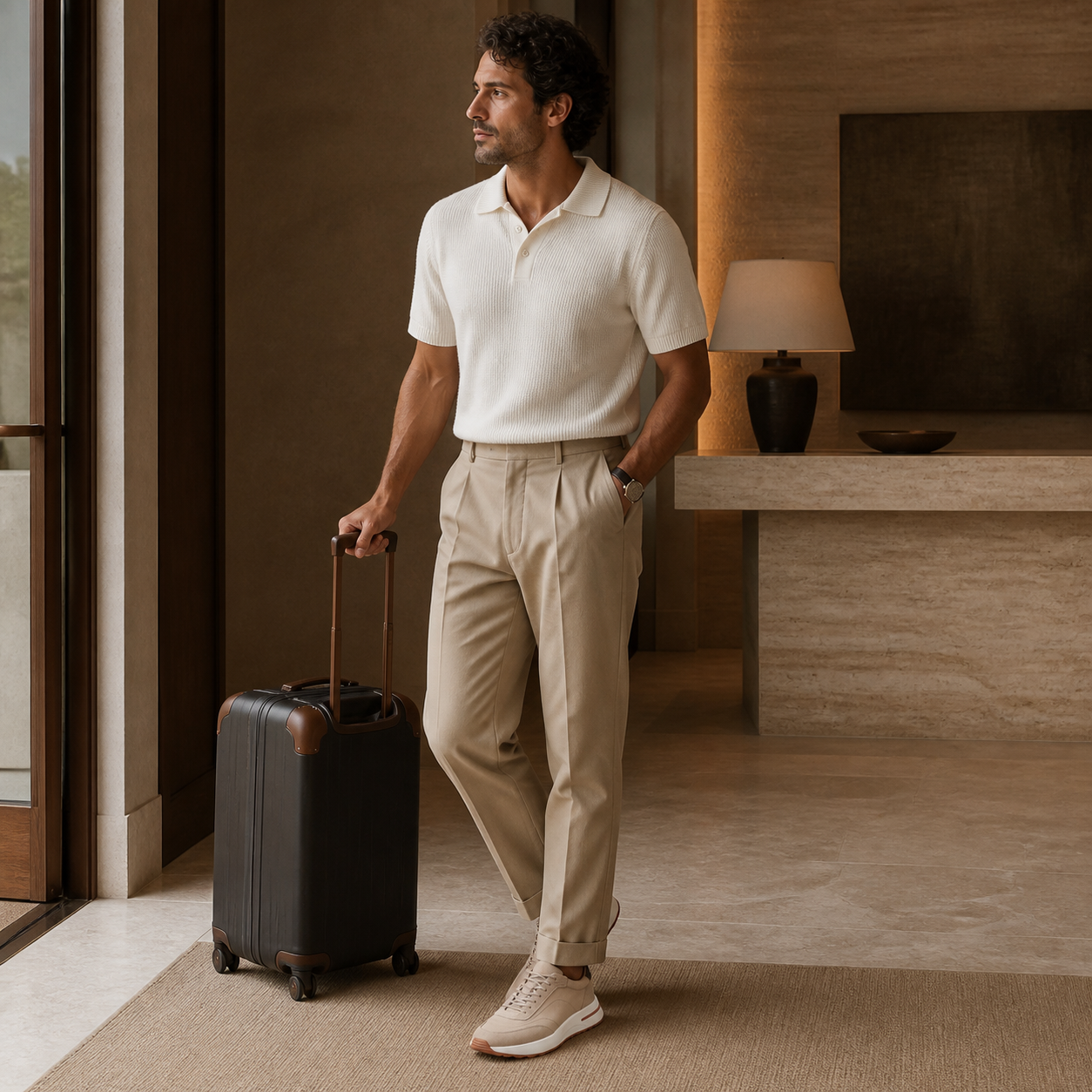 Bruce & Co Caldris beige sneakers at a boutique hotel