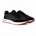 Bruce & Co Caldris black panelled sneakers on pure white, three-quarter view