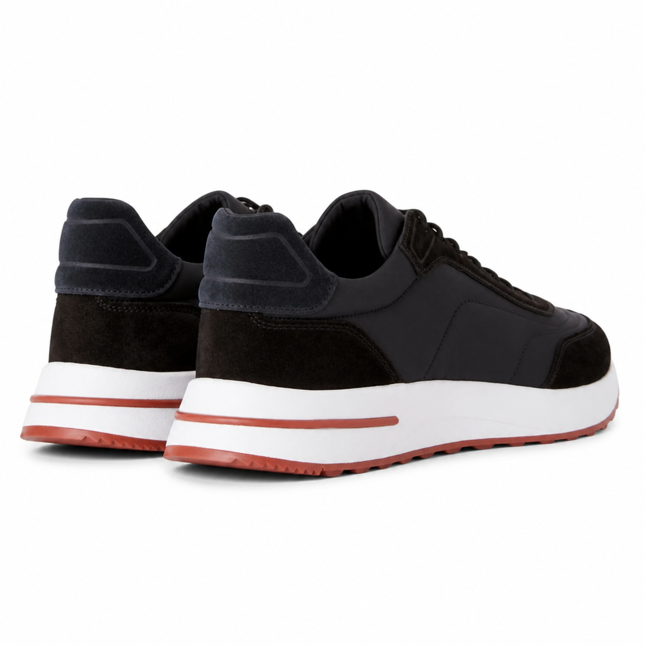 Bruce & Co Caldris black panelled sneakers on pure white, rear view