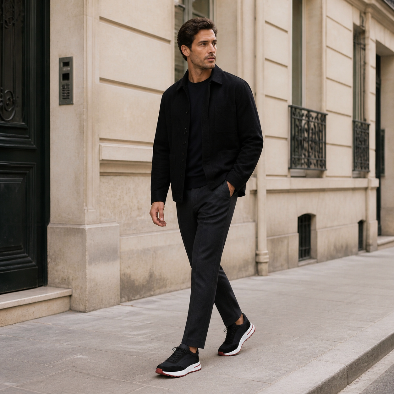 Bruce & Co Caldris black sneakers worn on a European city street