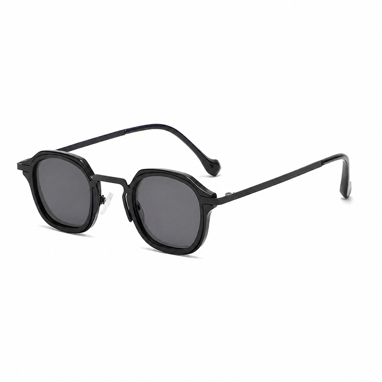 CAPRI polarized round browline sunglasses, black frame with black lens, diagonal view on pure white