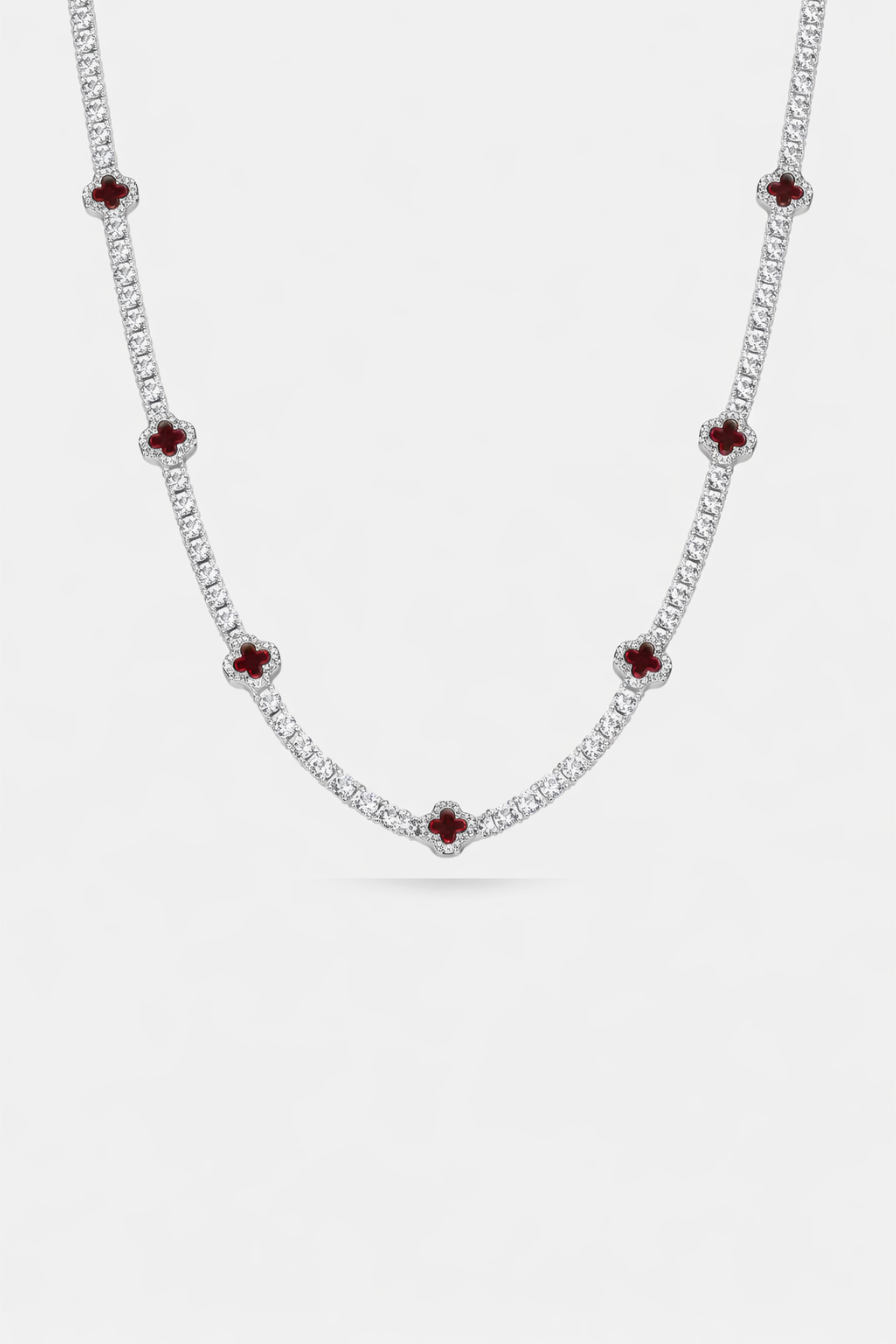 Bruce & Co Burgundy Red Clover Tennis Necklace, Silver-Plated