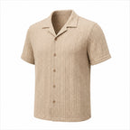 Corlian beige textured cotton Riviera shirt, angled studio view