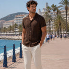 Corlian coffee shirt styled on the Cannes promenade