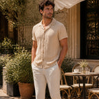 Corlian beige shirt styled outside a European cafe