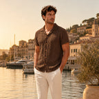 Corlian coffee shirt styled by a Mediterranean marina