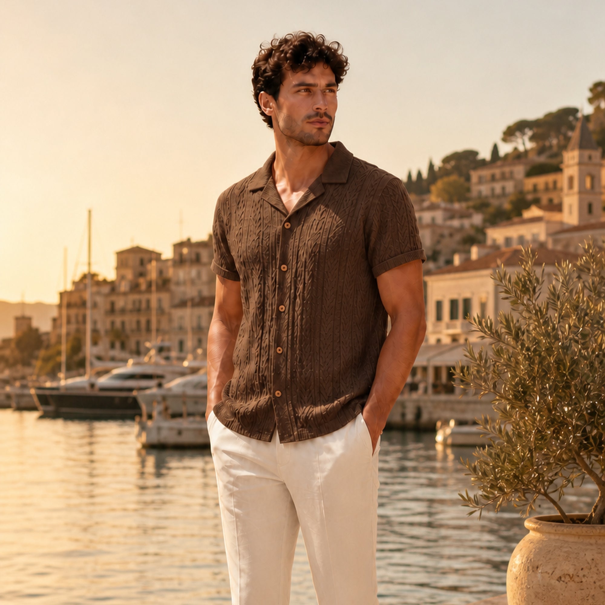 Corlian coffee shirt styled by a Mediterranean marina