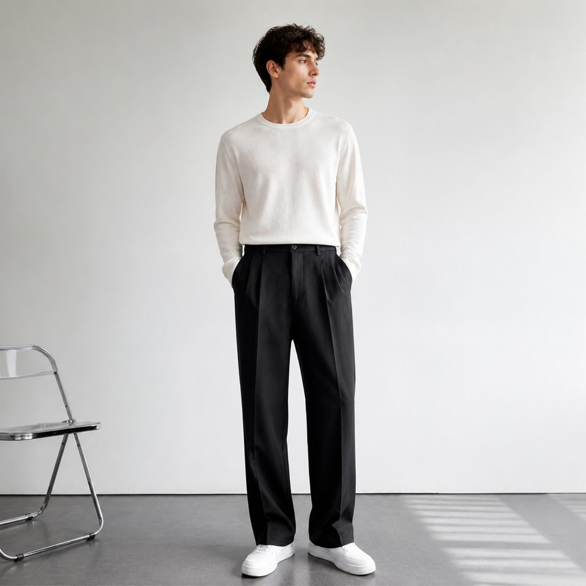 Corvane black tailored trousers minimalist studio styling