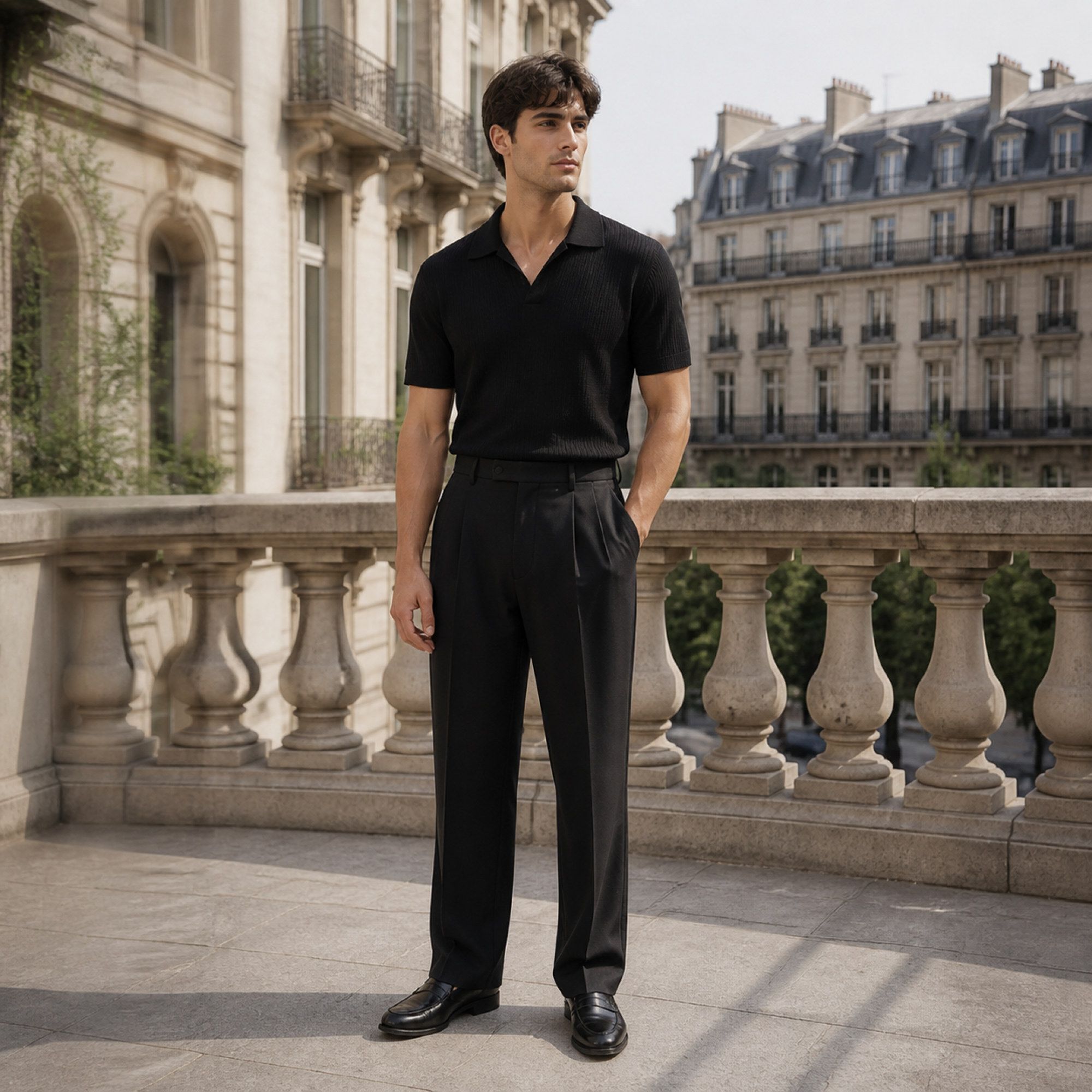 Corvane black tailored trousers terrace styling