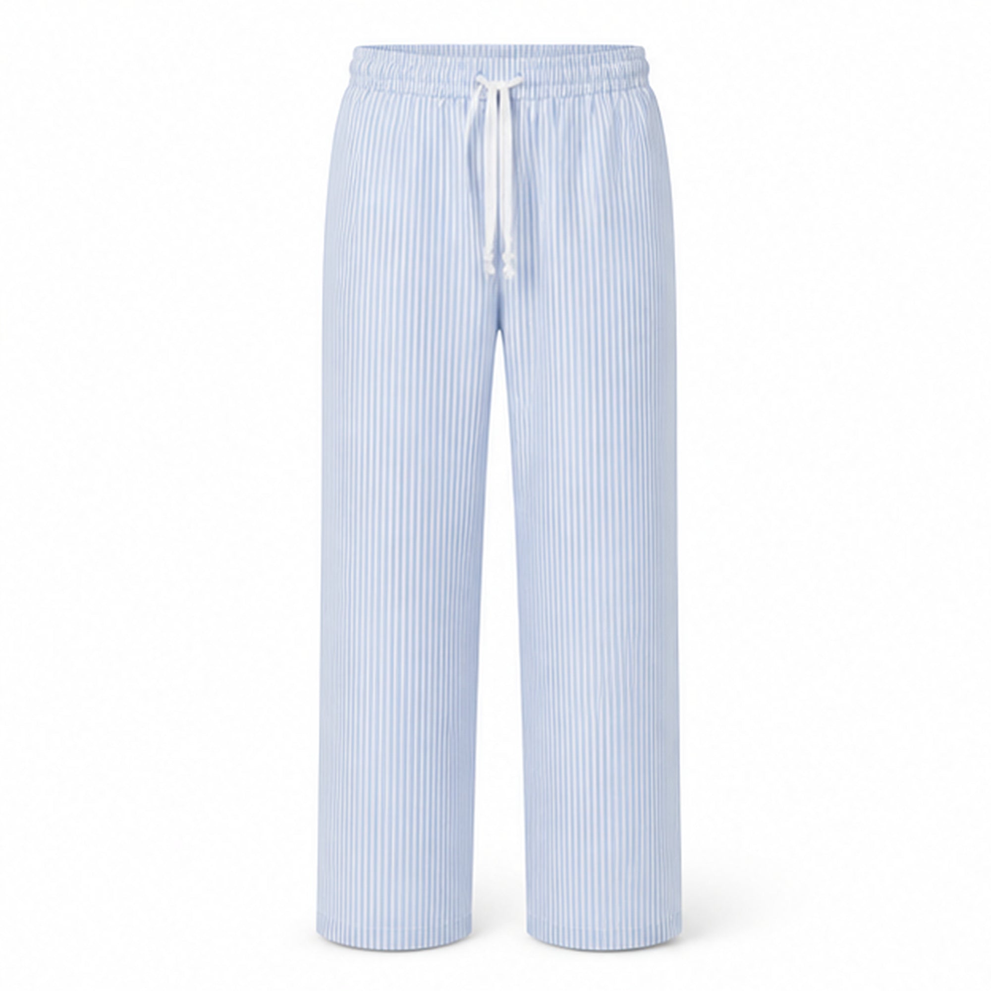 Corvento blue and white striped drawstring trousers, front studio view