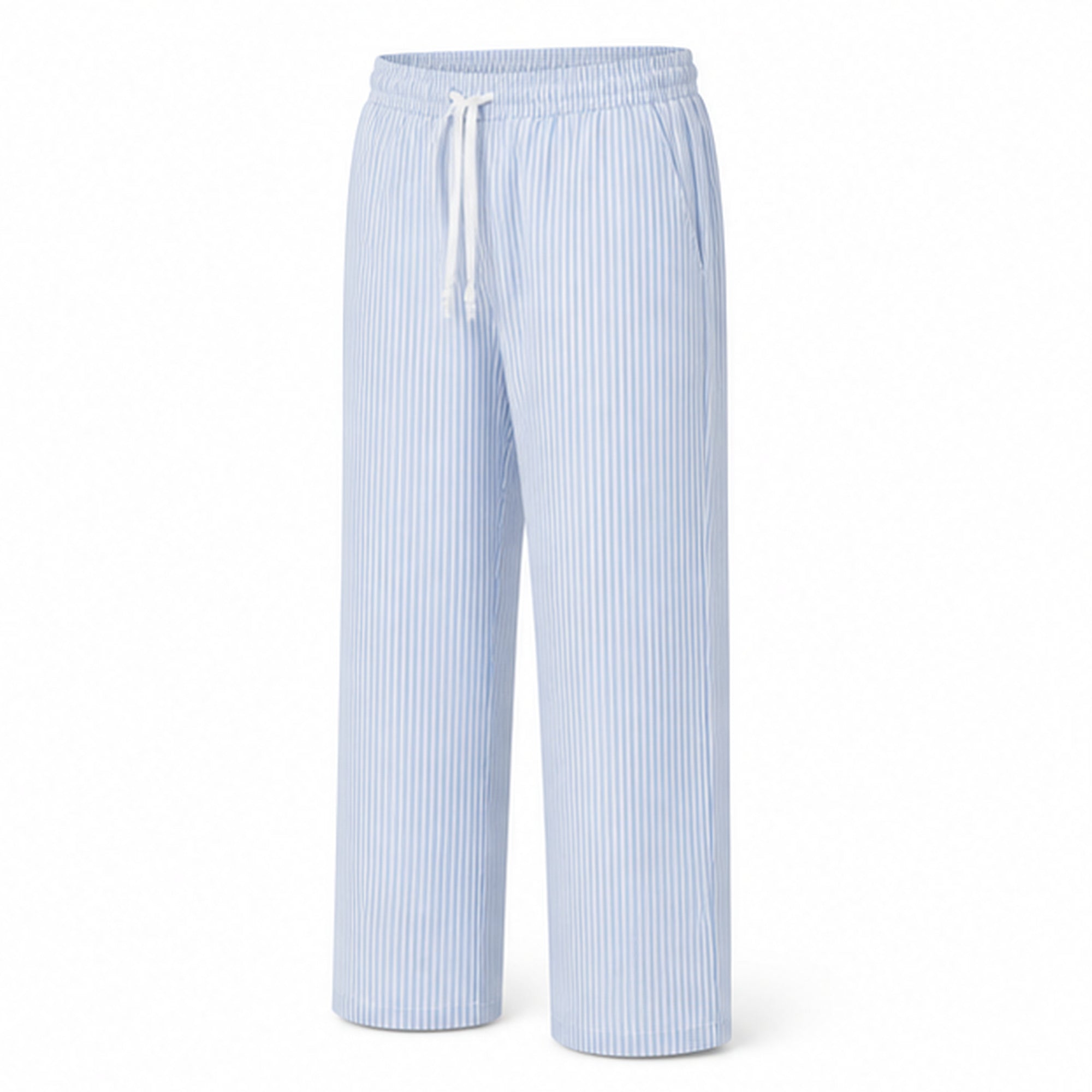 Corvento blue and white striped drawstring trousers, three-quarter studio view