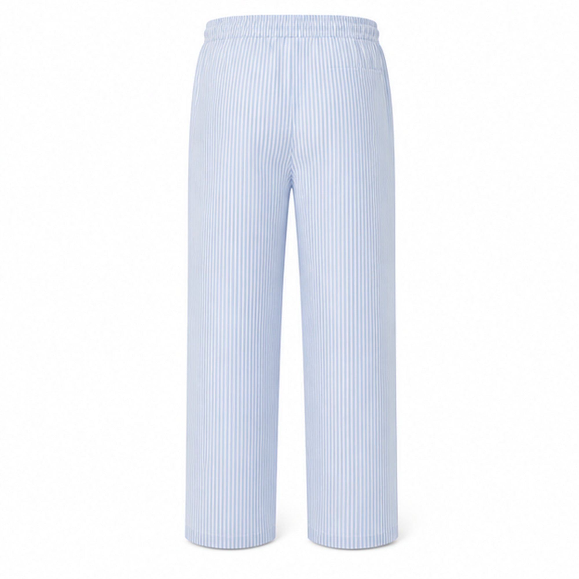 Corvento blue and white striped drawstring trousers, rear studio view