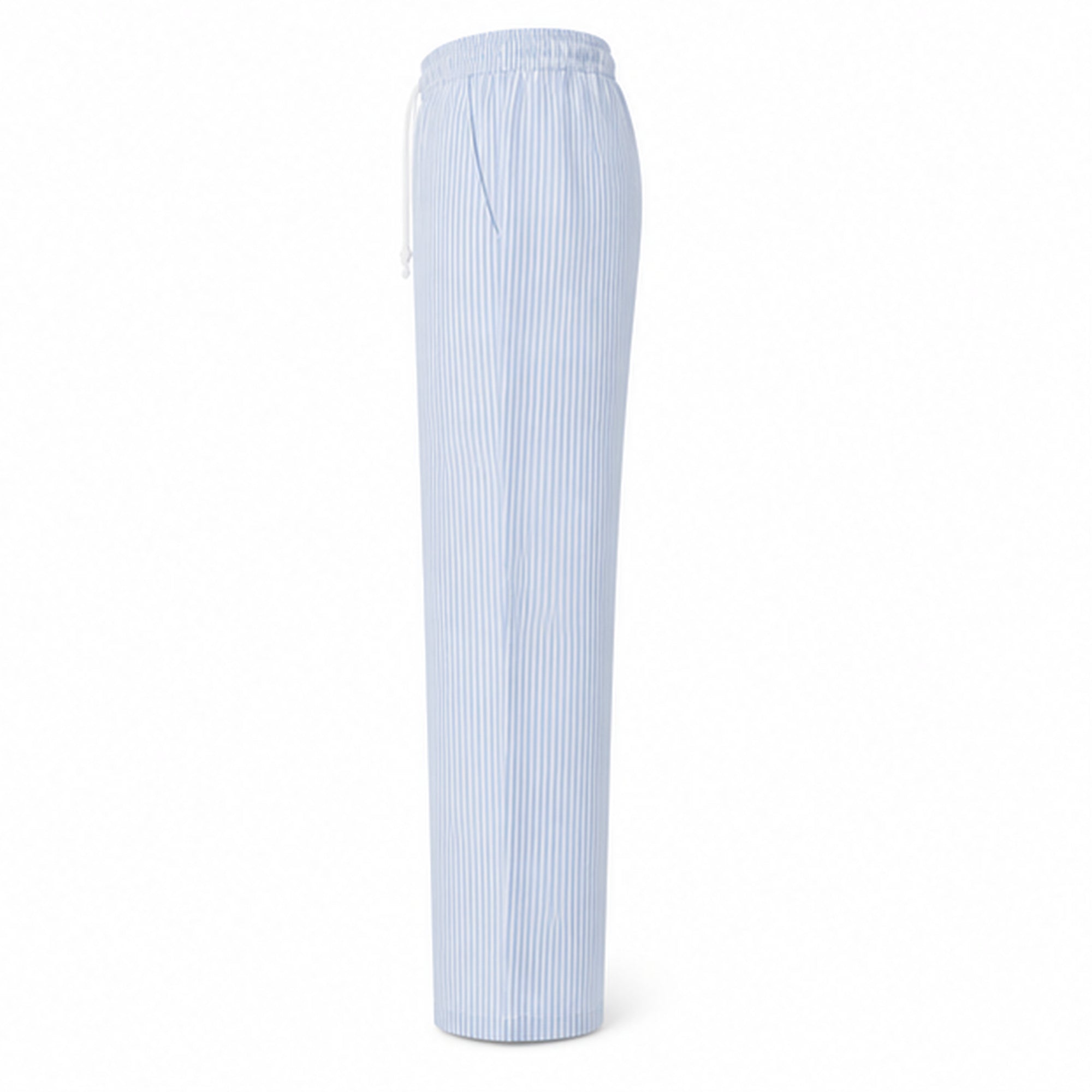 Corvento blue and white striped drawstring trousers, side studio view