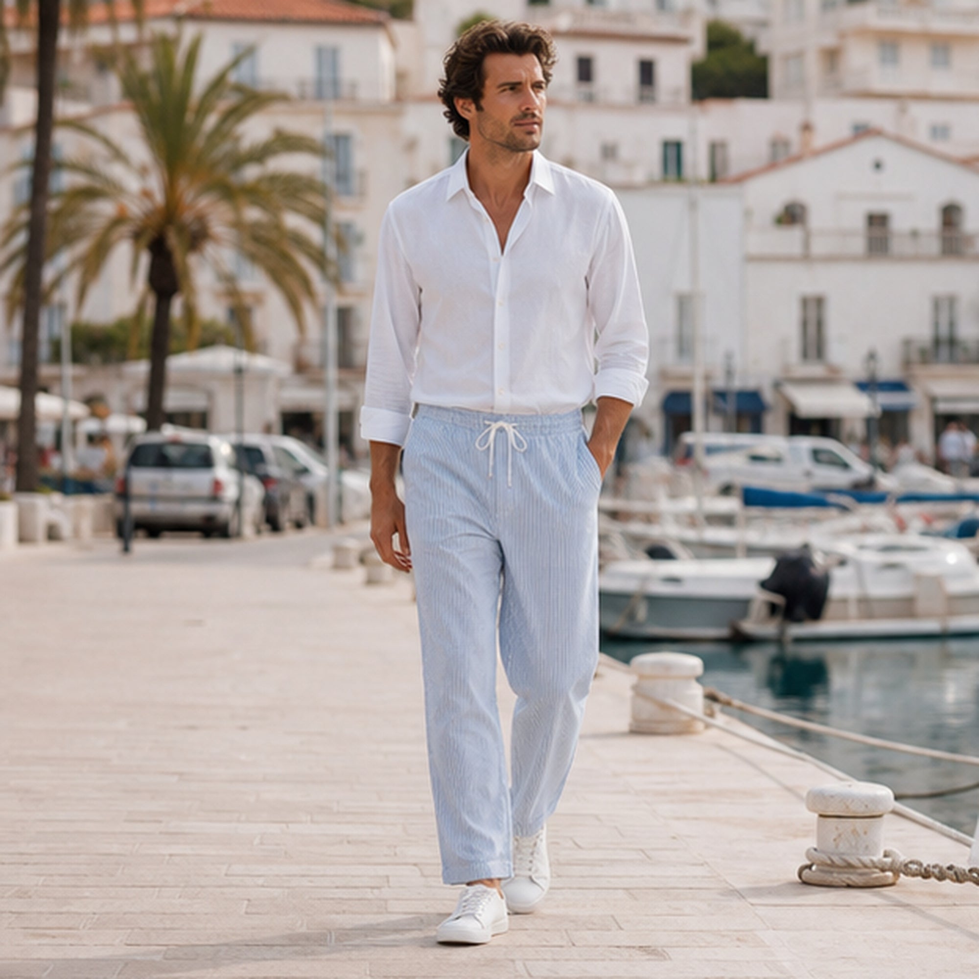 Man wearing Corvento striped trousers on Mediterranean marina promenade