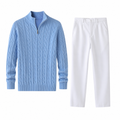 Doremere sky blue cable-knit sweater and white trousers set