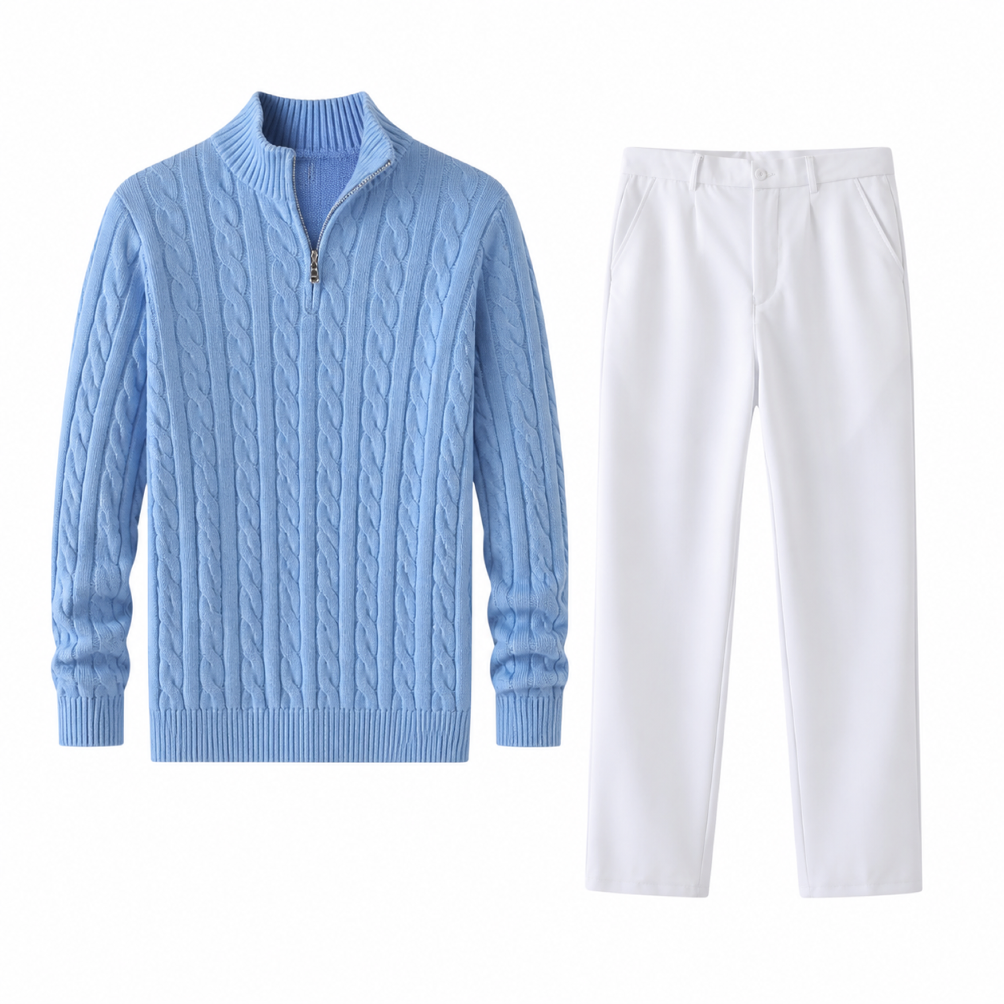 Doremere sky blue cable-knit sweater and white trousers set
