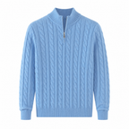 Doremere sky blue cable-knit half-zip sweater front view