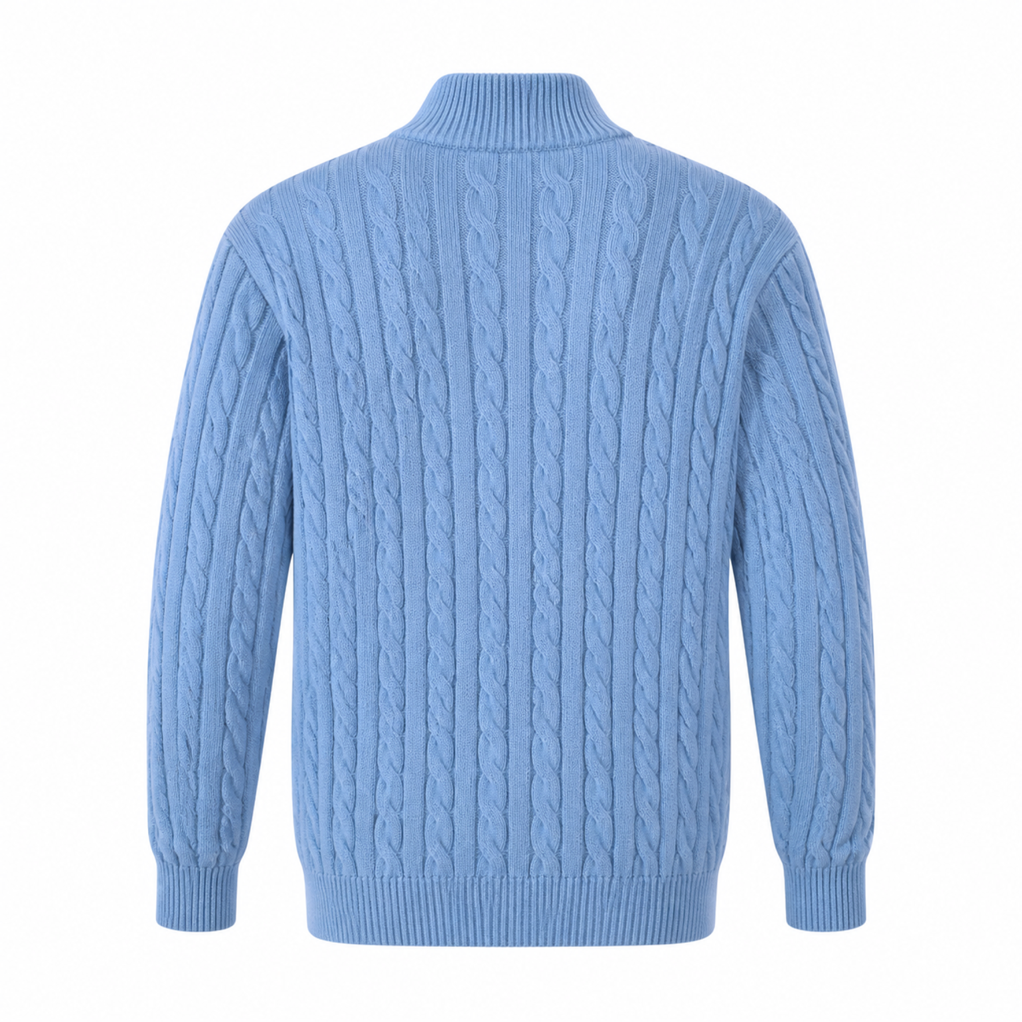 Doremere sky blue cable-knit half-zip sweater back view