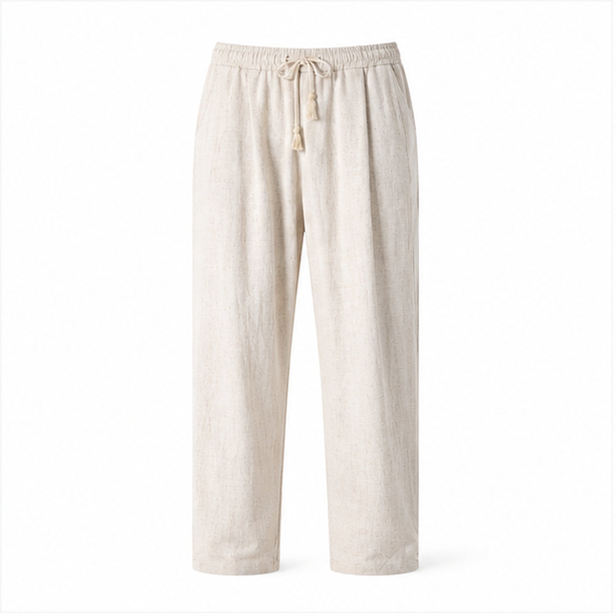 Dorevane beige relaxed cotton trousers, front studio view