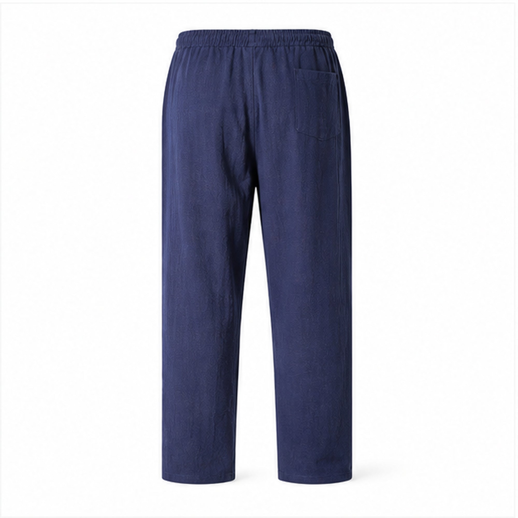 Dorevane navy relaxed cotton trousers, rear studio view
