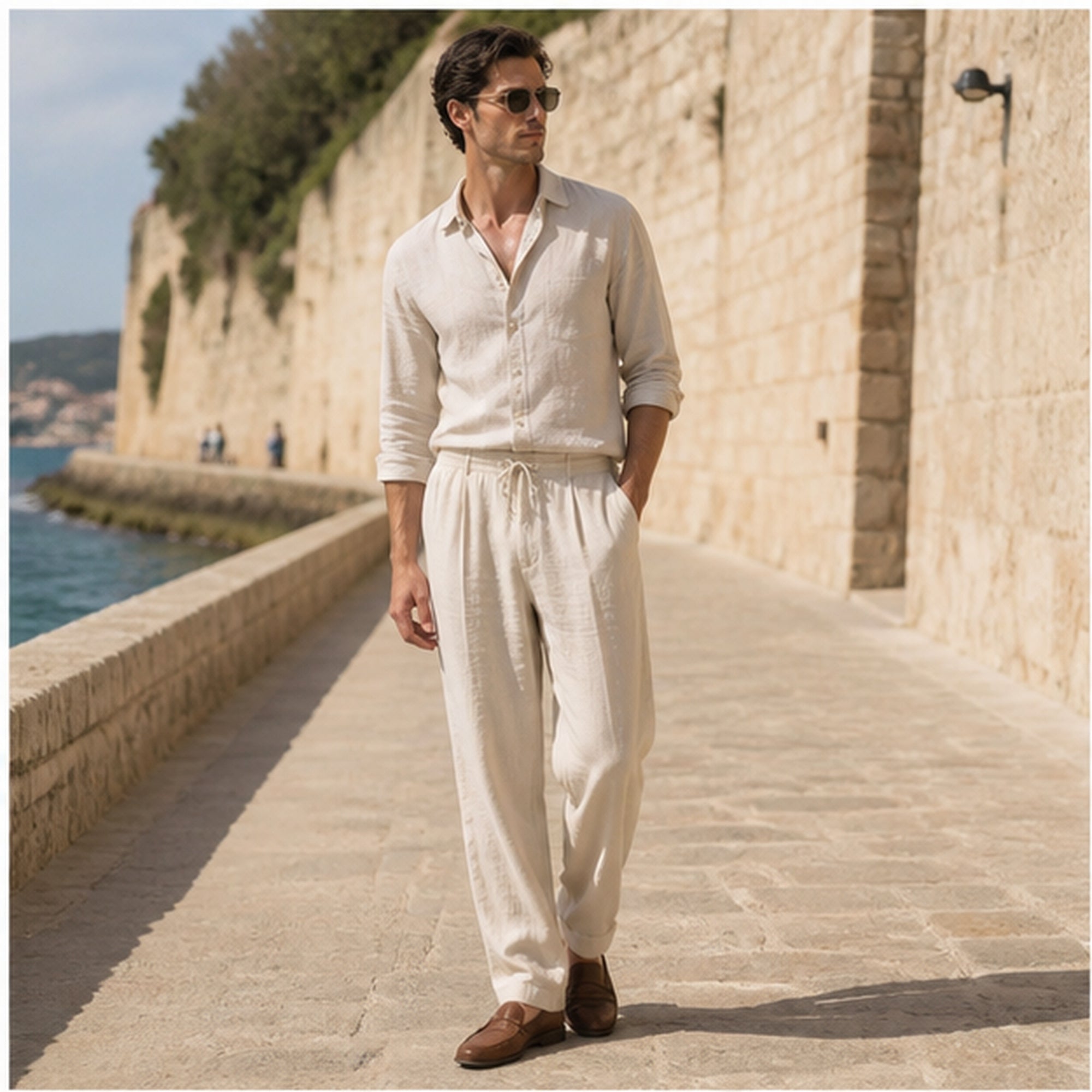Dorevane beige trousers styled on a Mediterranean promenade