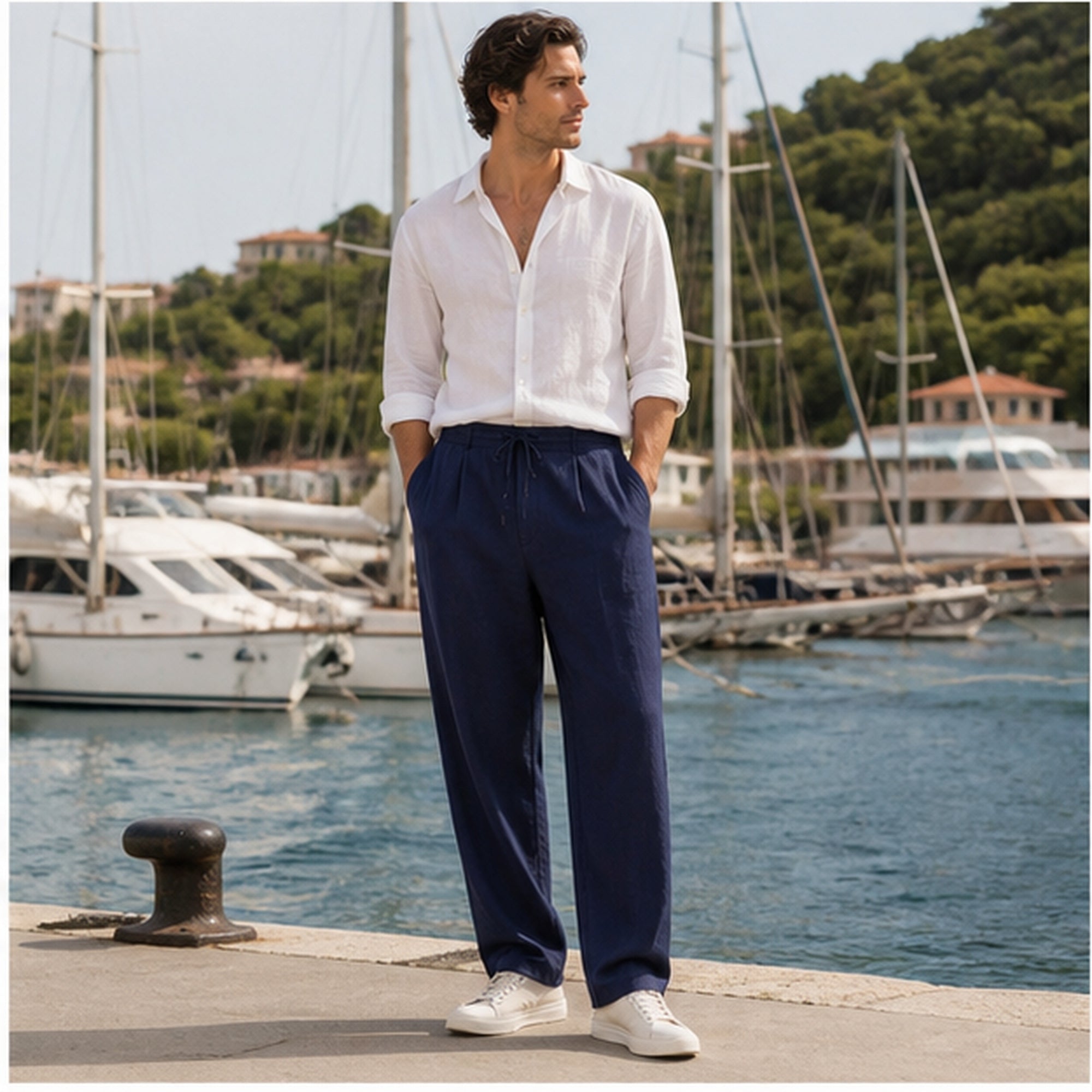 Dorevane navy trousers styled beside a marina
