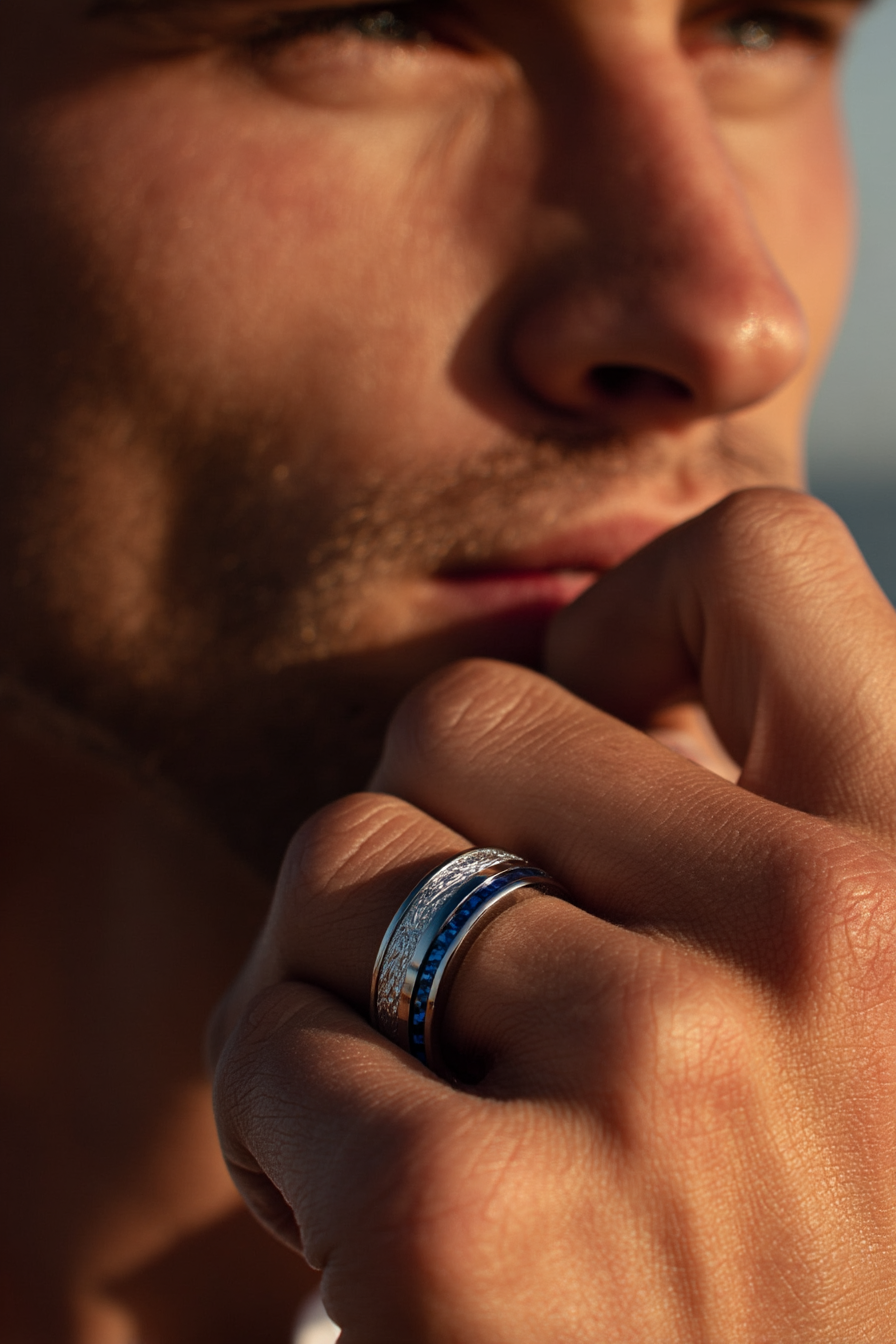 Bruce & Co Men’s Blue Carbon Inlay Tungsten Carbide Band Ring, 8 mm