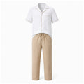 Elmere white shirt and tan linen-blend resort set, front studio view